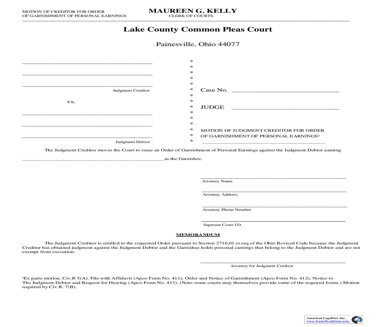 Motion Of Judgment Creditor For Order Of Garnishment Of Personal Earnings | Pdf Fpdf Doc Docx | Ohio