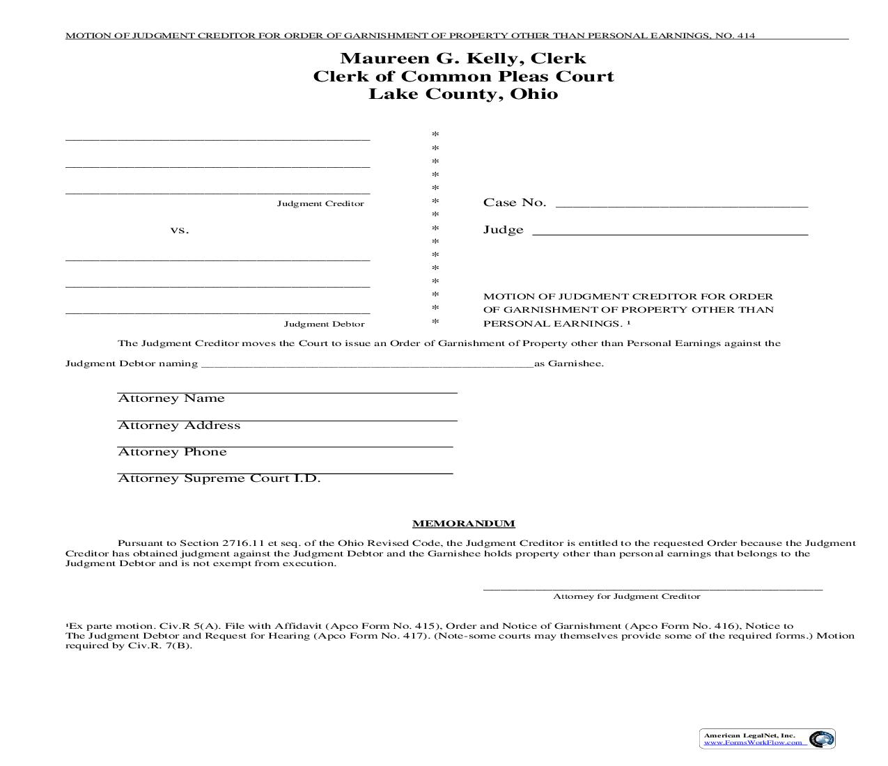 Motion Of Judgment Creditor For Order Of Garnishment Of Property | Pdf Fpdf Doc Docx | Ohio