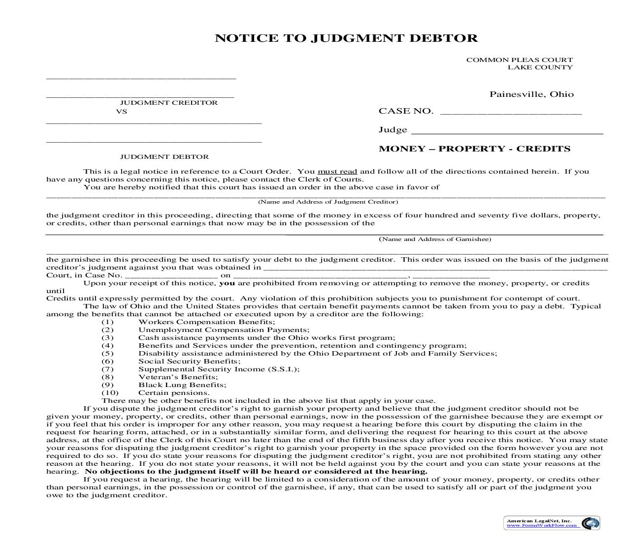 Notice To Judgment Debtor (Money-Property-Credits) | Pdf Fpdf Doc Docx | Ohio