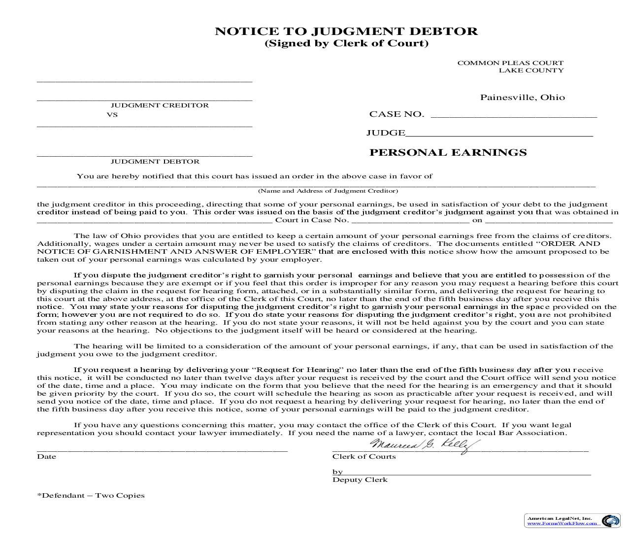 Notice To Judgment Debtor (Personal Earnings) | Pdf Fpdf Doc Docx | Ohio