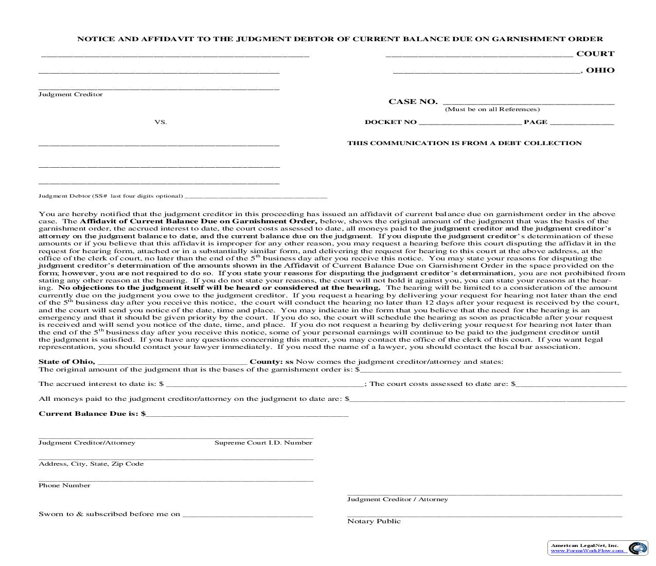 Notice To The Debtor Of Balance Due On Garnishment | Pdf Fpdf Doc Docx | Ohio