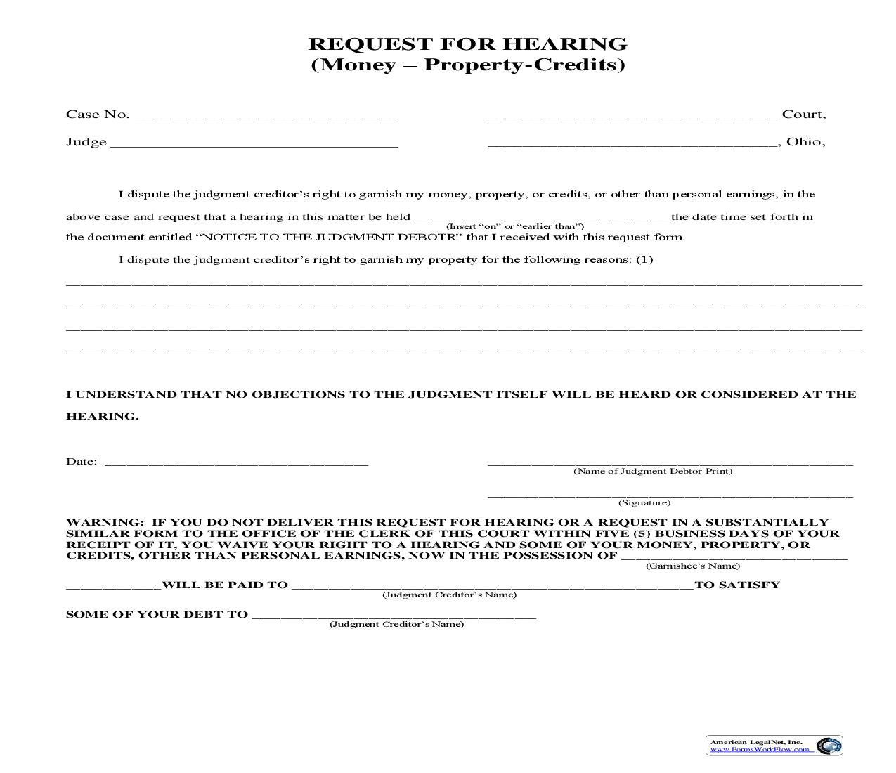Request For Hearing (Money-Property-Credits) | Pdf Fpdf Doc Docx | Ohio
