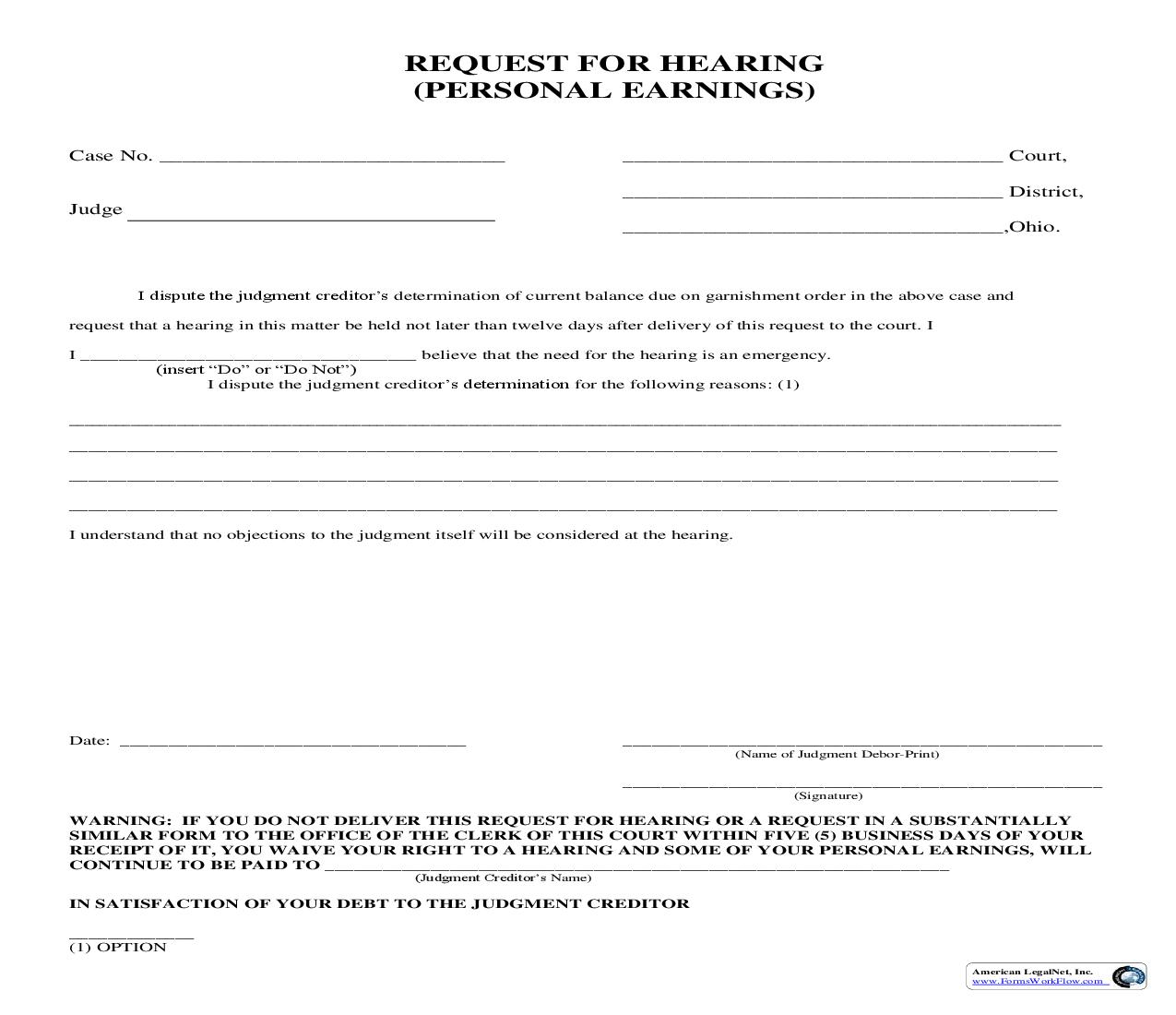Request For Hearing (Personal Earnings) | Pdf Fpdf Doc Docx | Ohio