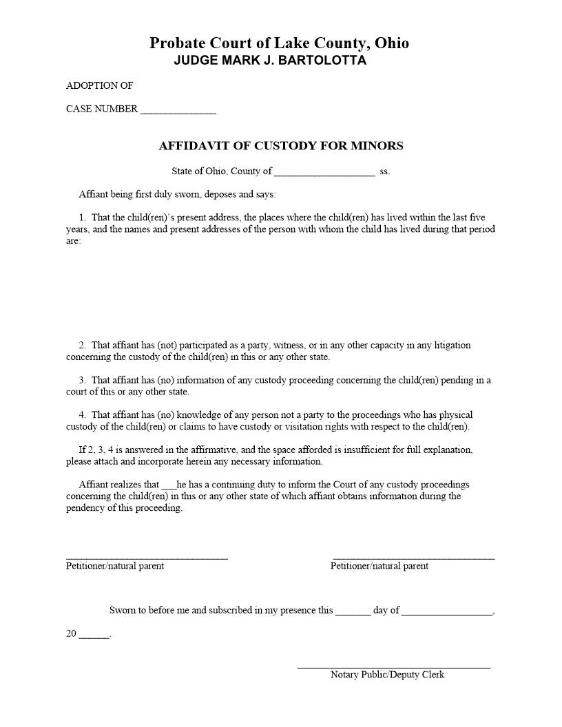 Affidavit Of Custody For Minors | Pdf Fpdf Doc Docx | Ohio