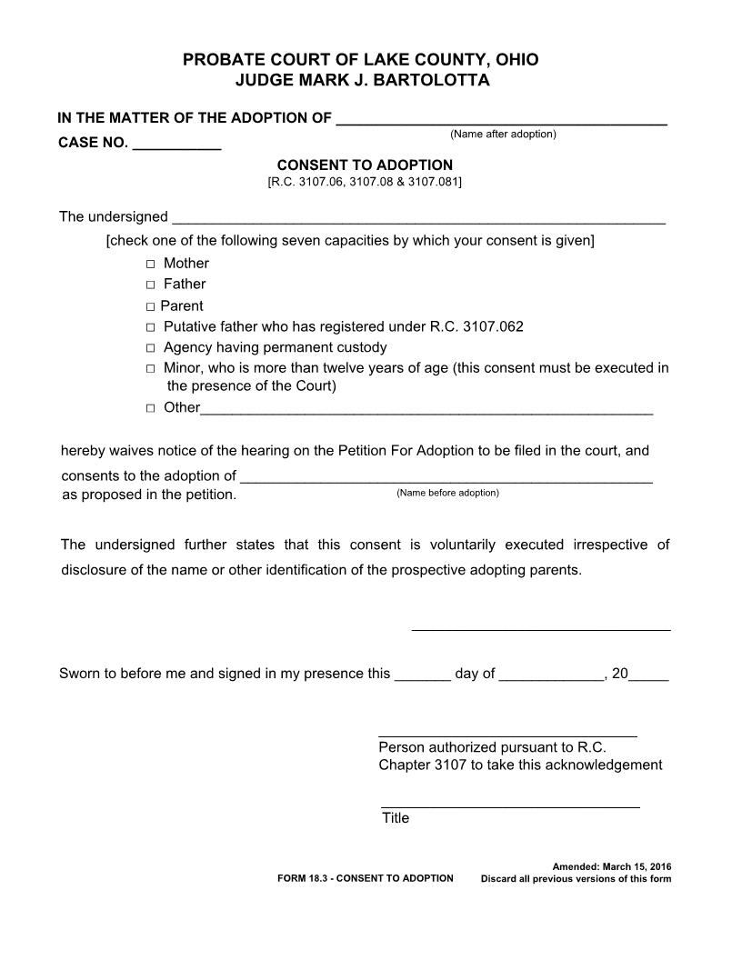 Consent To Adoption | Pdf Fpdf Docx | Ohio