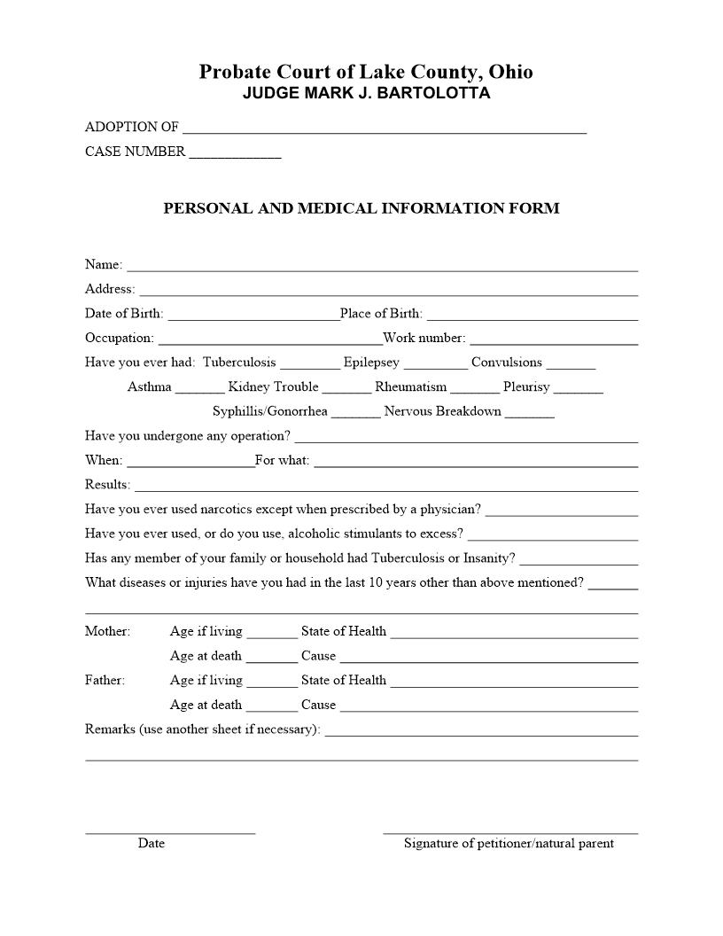 Personal And Medical Information Form | Pdf Fpdf Doc Docx | Ohio
