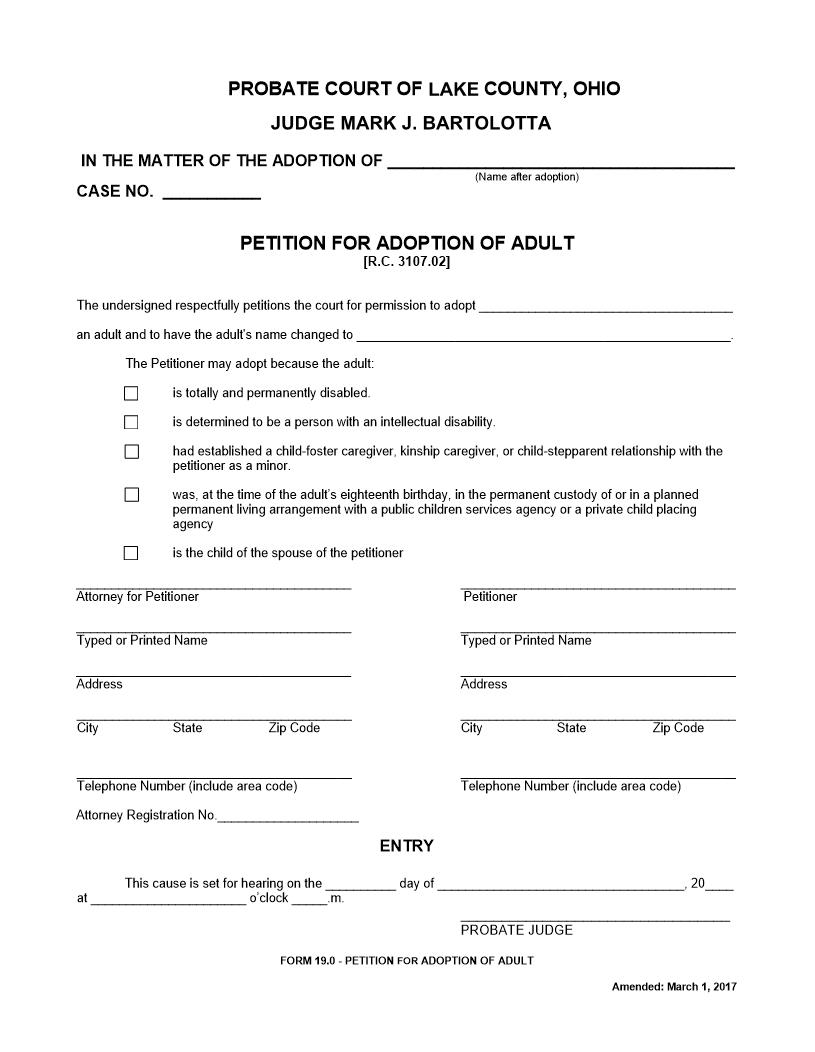 Petition For Adoption Of Adult {19.0} | Pdf Fpdf Doc Docx | Ohio