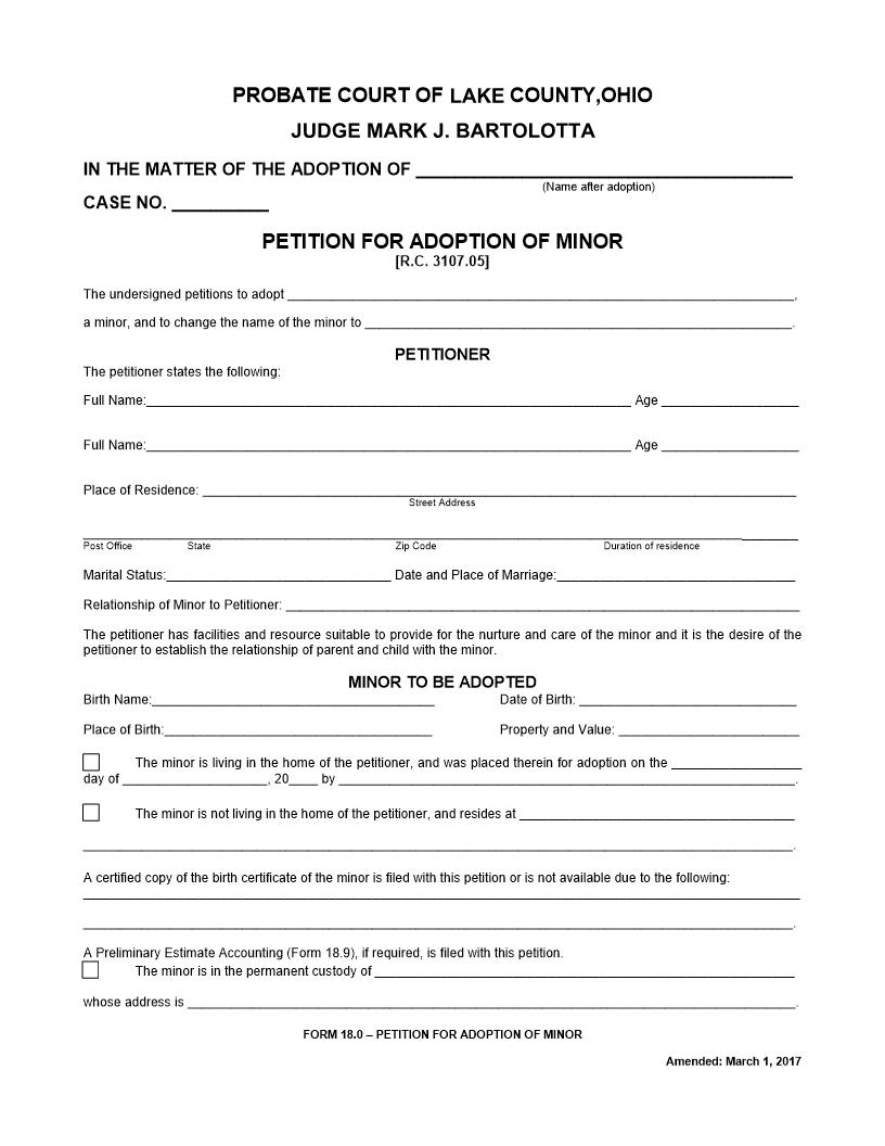 Petition For Adoption Of Minor {18.0} | Pdf Fpdf Doc Docx | Ohio