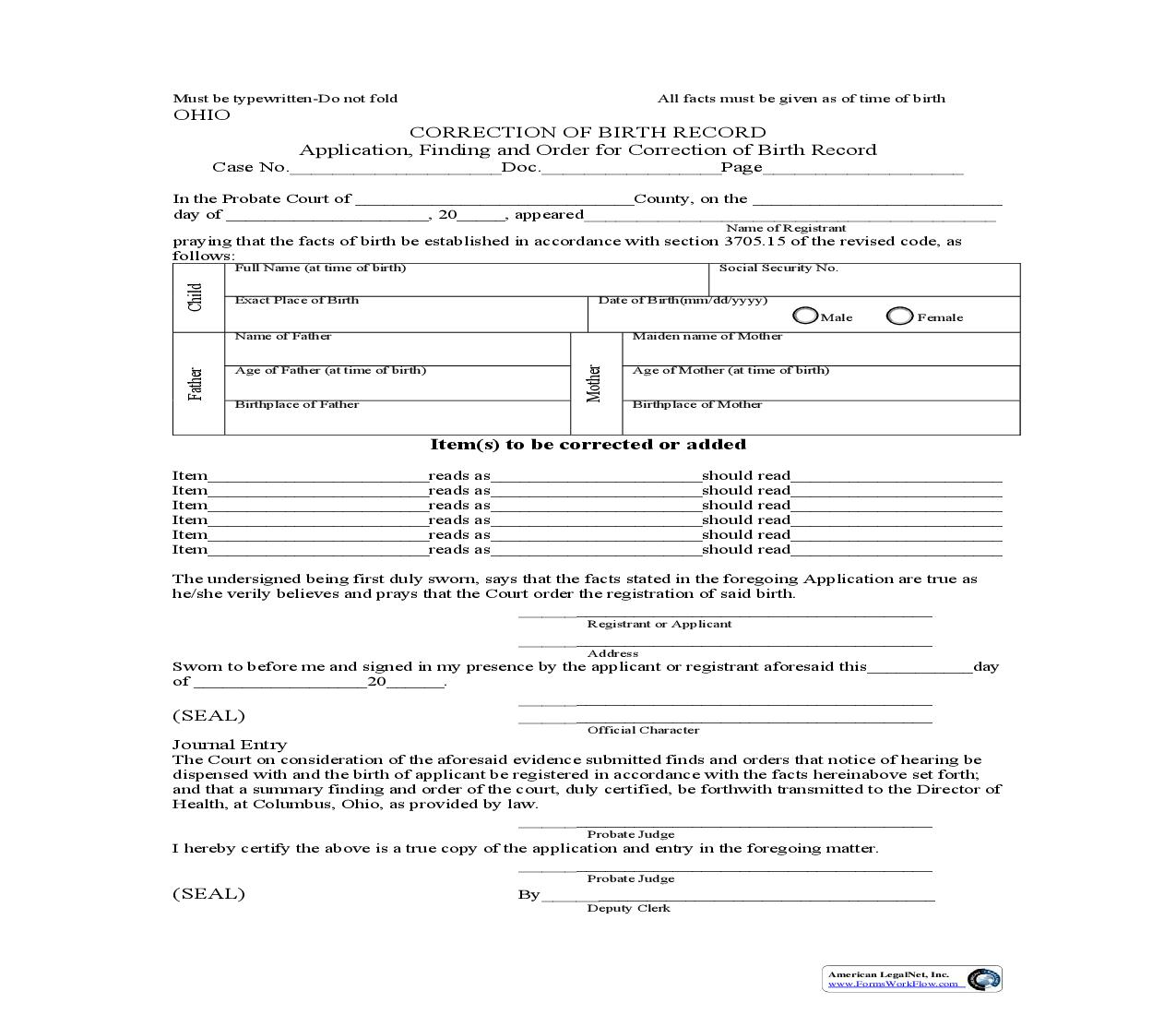 Correction Of Birth Record |  | Ohio
