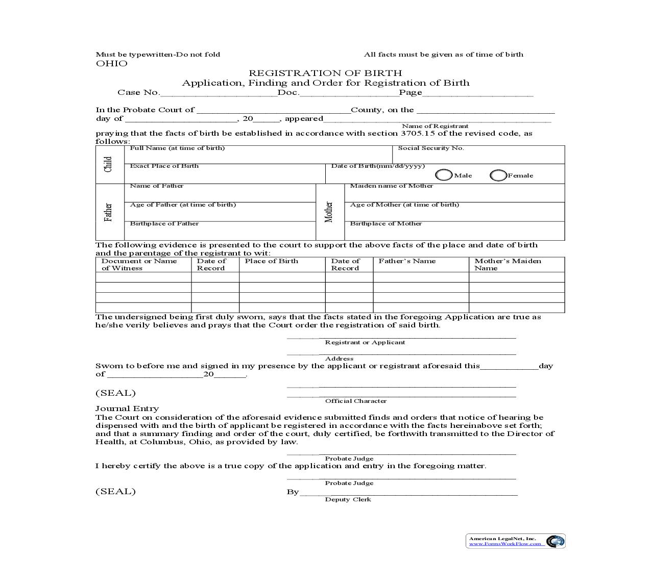 Registration Of Birth |  | Ohio