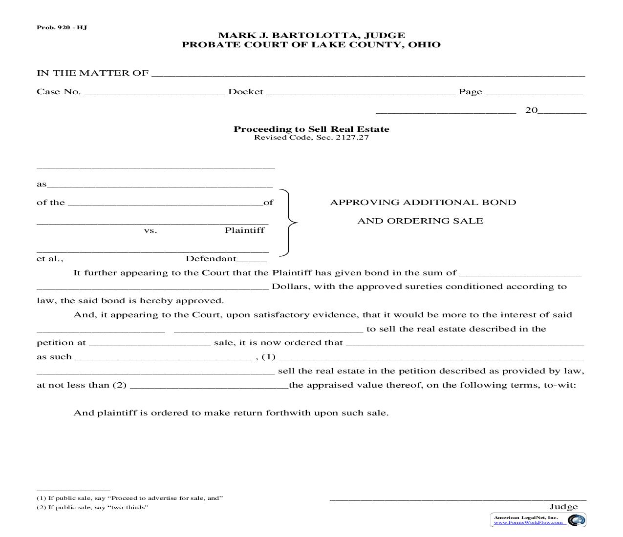 Approving Additional Bond And Ordering Sale | Pdf Fpdf Doc Docx | Ohio