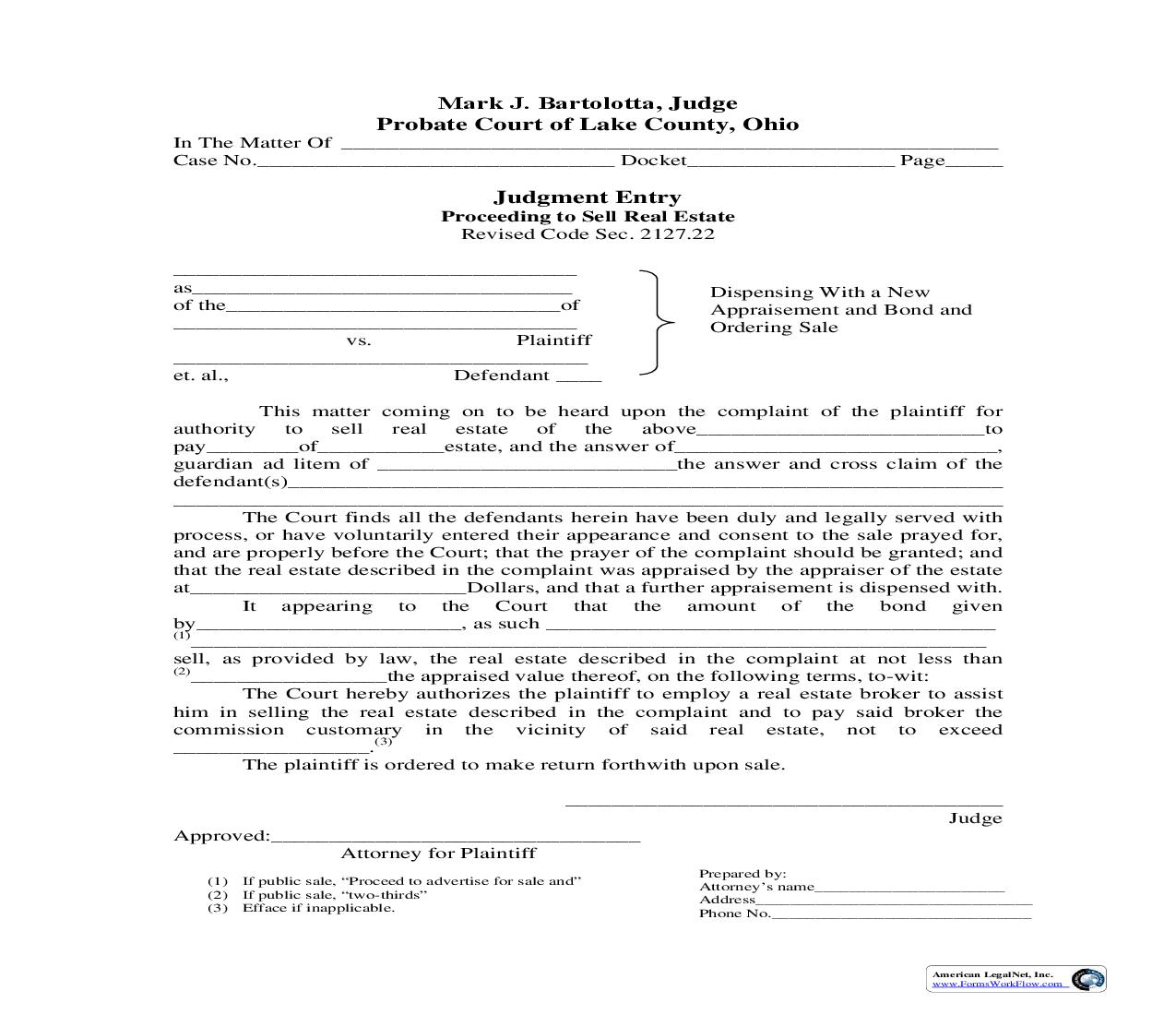 Dispensing With A New Appraisement And Bond And Ordering Sale | Pdf Fpdf Doc Docx | Ohio