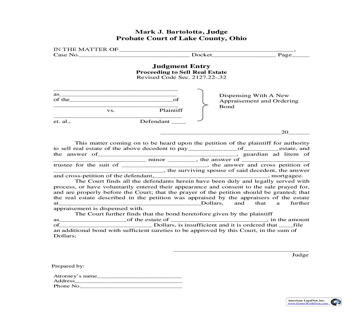 Dispensing With A New Appraisement Ond Ordering Bond | Pdf Fpdf Doc Docx | Ohio