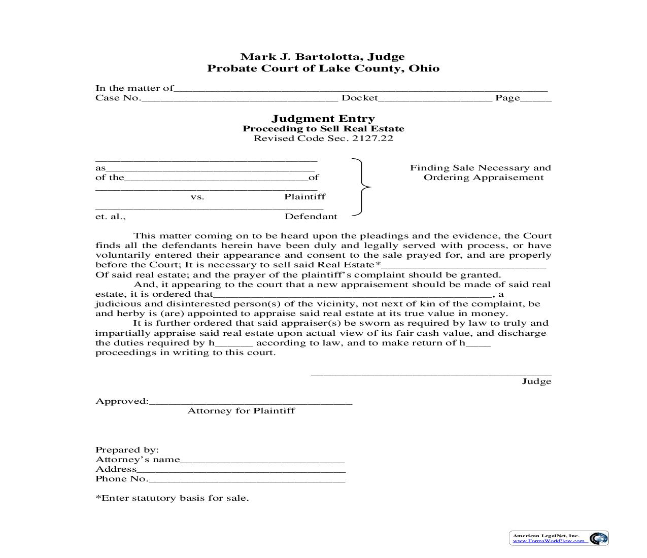 Finding Sale Necessary And Ordering Appraisement | Pdf Fpdf Doc Docx | Ohio