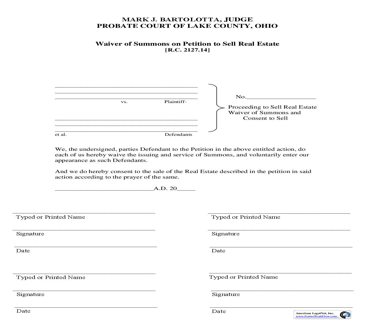 Waiver Of Summons On Petition To Sell Real Estate | Pdf Fpdf Doc Docx | Ohio
