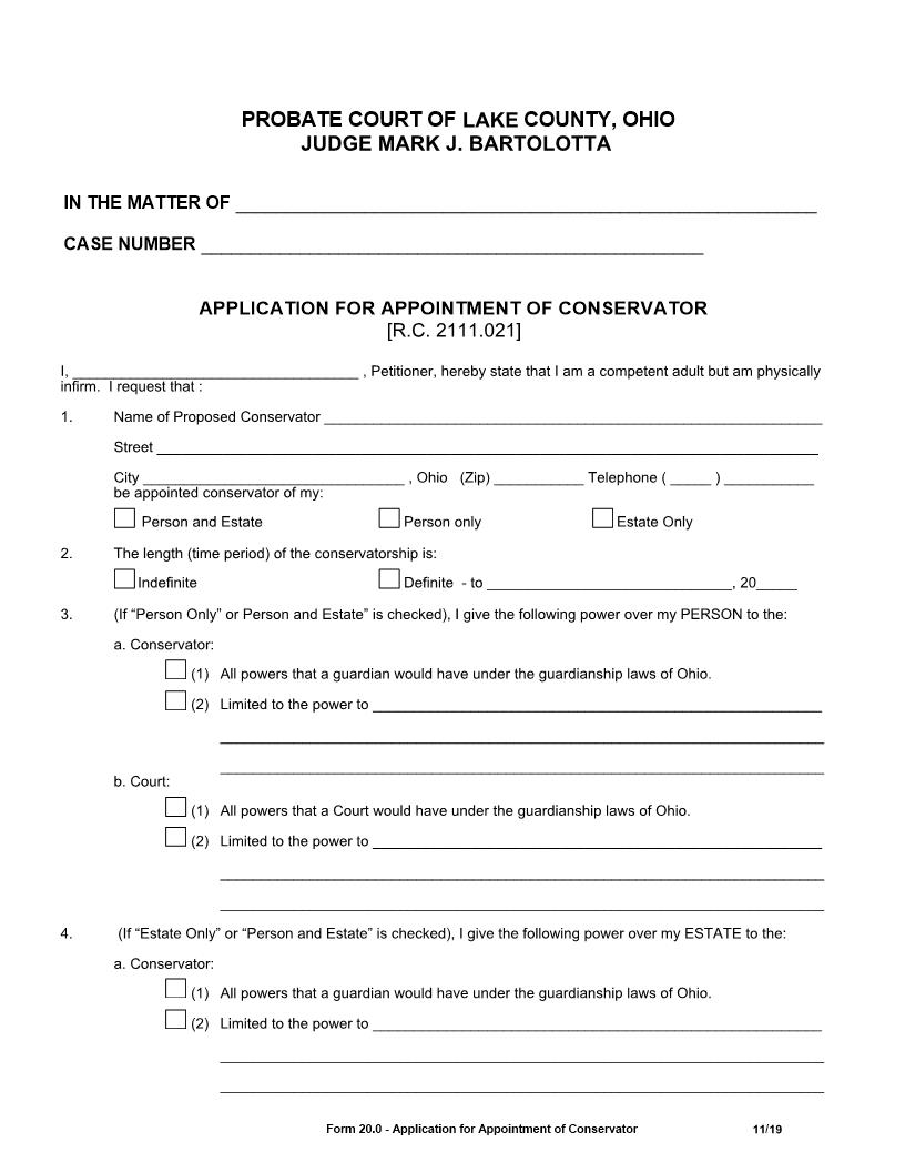 Application For Appointment Of Conservator {20.0} | Pdf Fpdf Doc Docx | Ohio