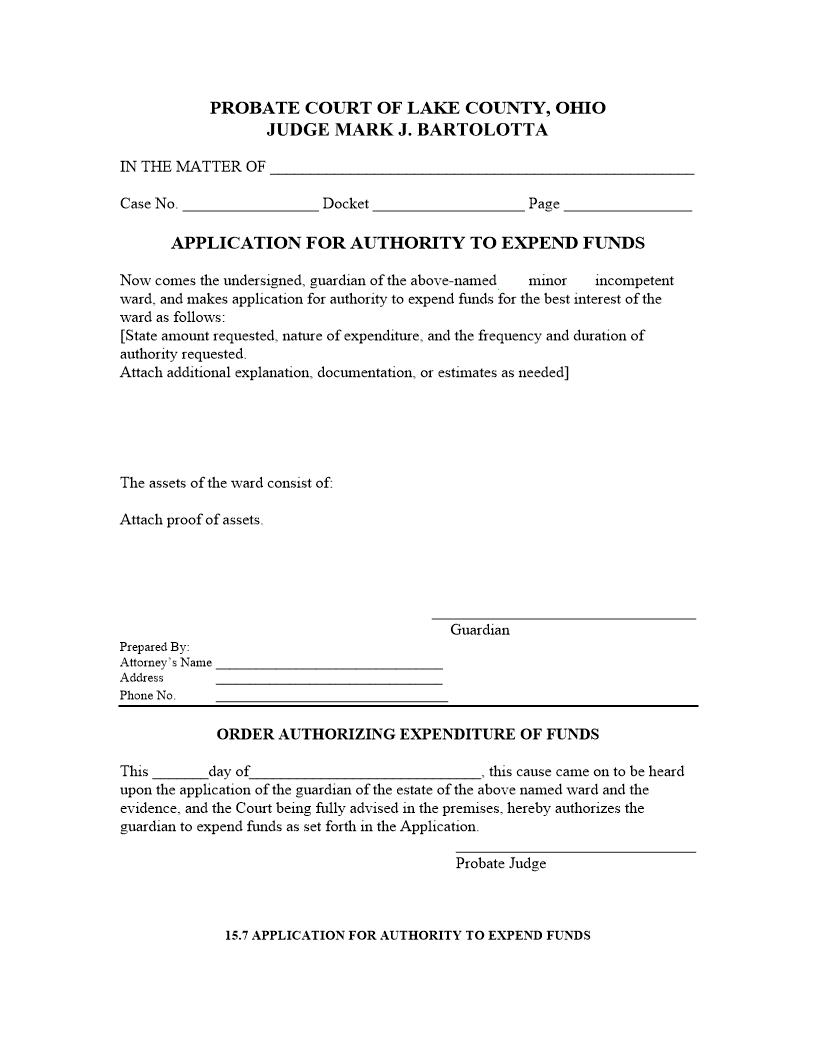Application For Authority To Expend Funds {15.7} | Pdf Fpdf Doc Docx | Ohio