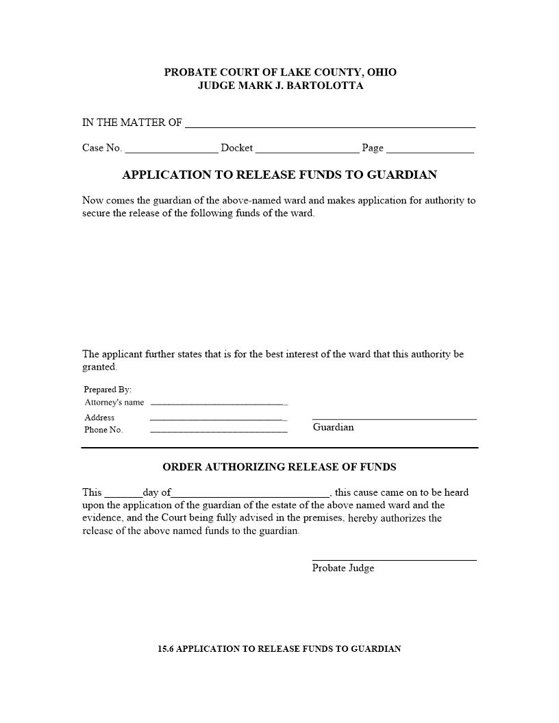 Application To Release Funds To Guardian {15.6} | Pdf Fpdf Doc Docx | Ohio
