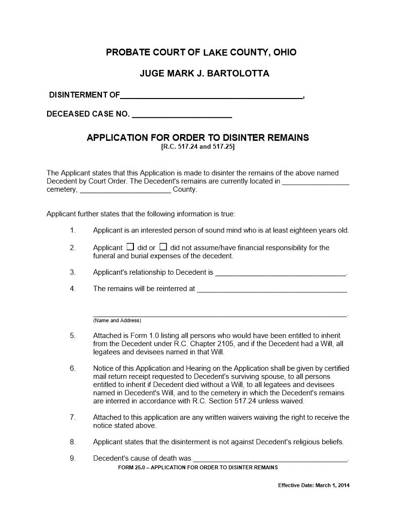 Application For Order To Disinter Remains | Pdf Fpdf Doc Docx | Ohio