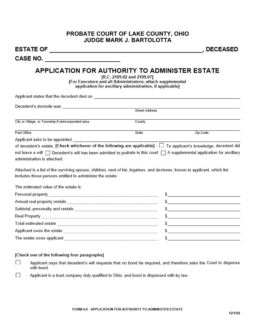 Application For Authority To Administer Estate {4.0} | Pdf Fpdf Doc Docx | Ohio