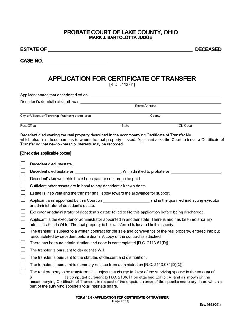 Application For Certificate To Transfer {12.0} | Pdf Fpdf Doc Docx | Ohio