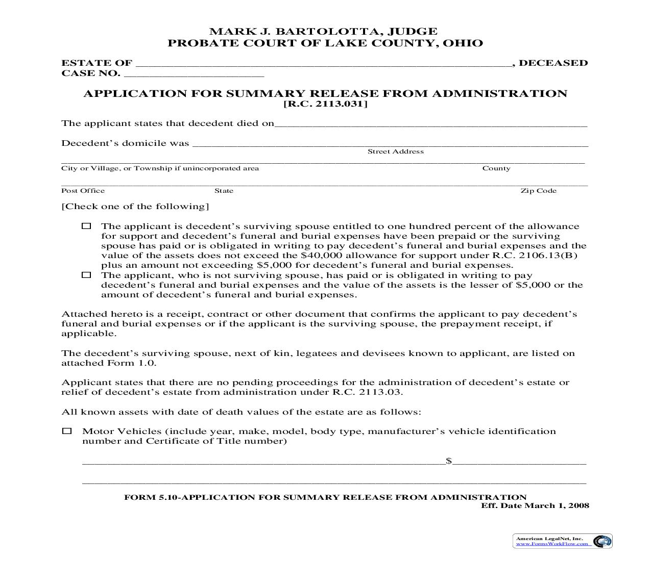 Application For Summary Release From Administration {5.10} | Pdf Fpdf Doc Docx | Ohio