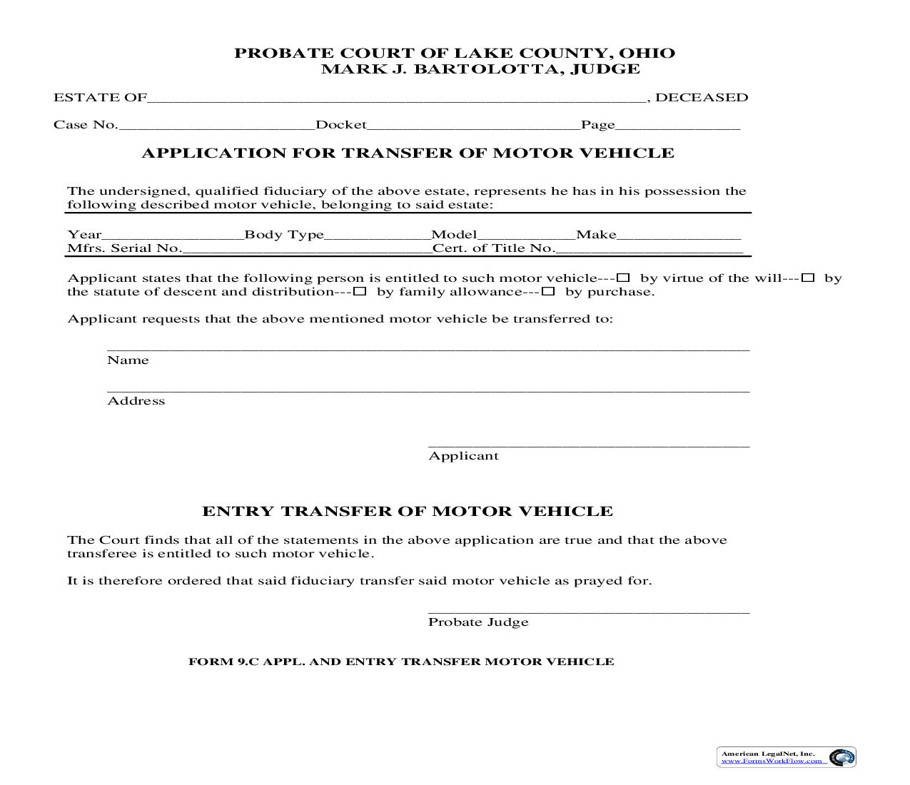 Application For Transfer Of Motor Vehicle | Pdf Fpdf Doc Docx | Ohio