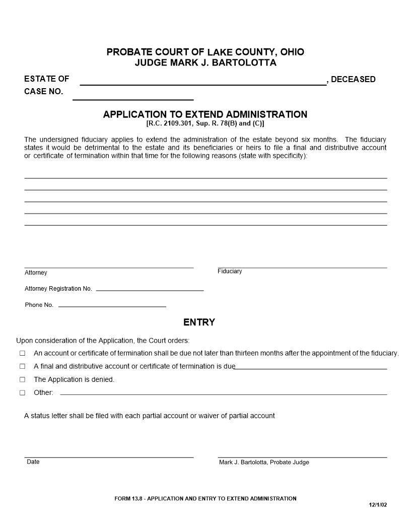 Application To Extend Administration {13.8} | Pdf Fpdf Doc Docx | Ohio