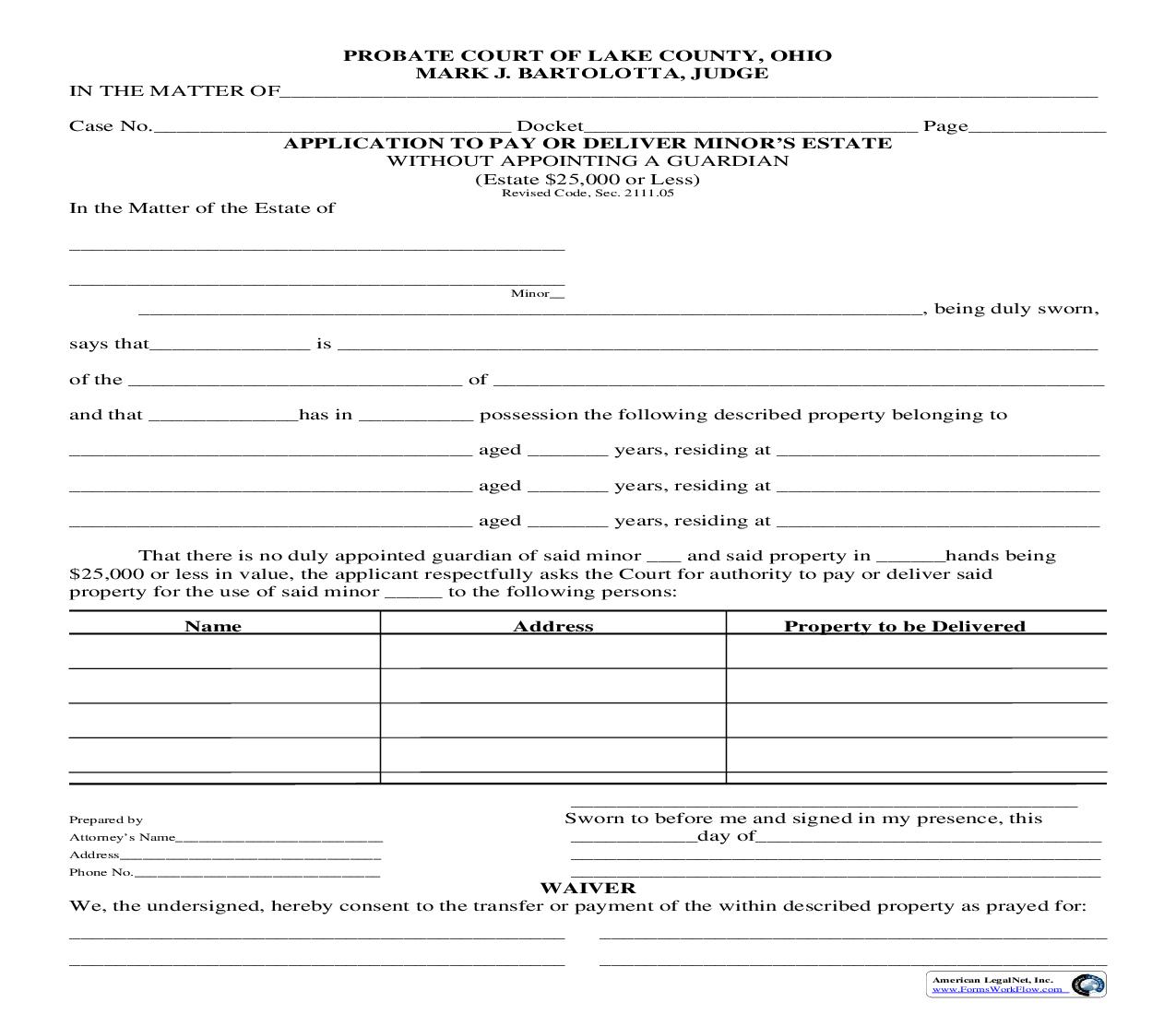 Application To Pay Or Deliver Minors Estate | Pdf Fpdf Doc Docx | Ohio