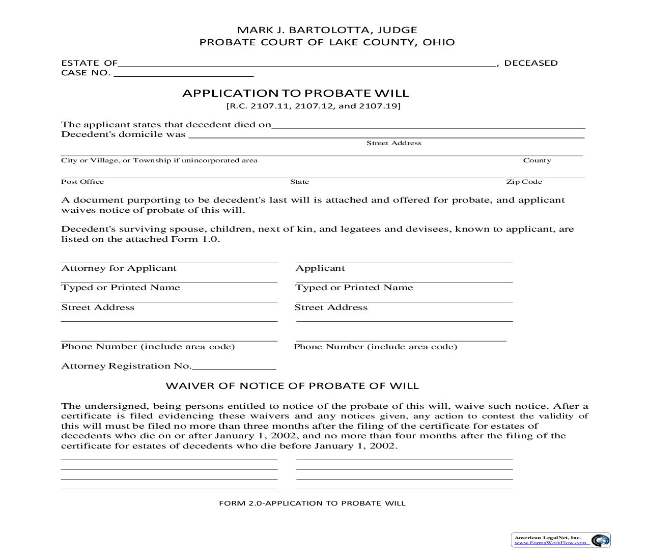 Application To Probate Will {2.0} | Pdf Fpdf Doc Docx | Ohio