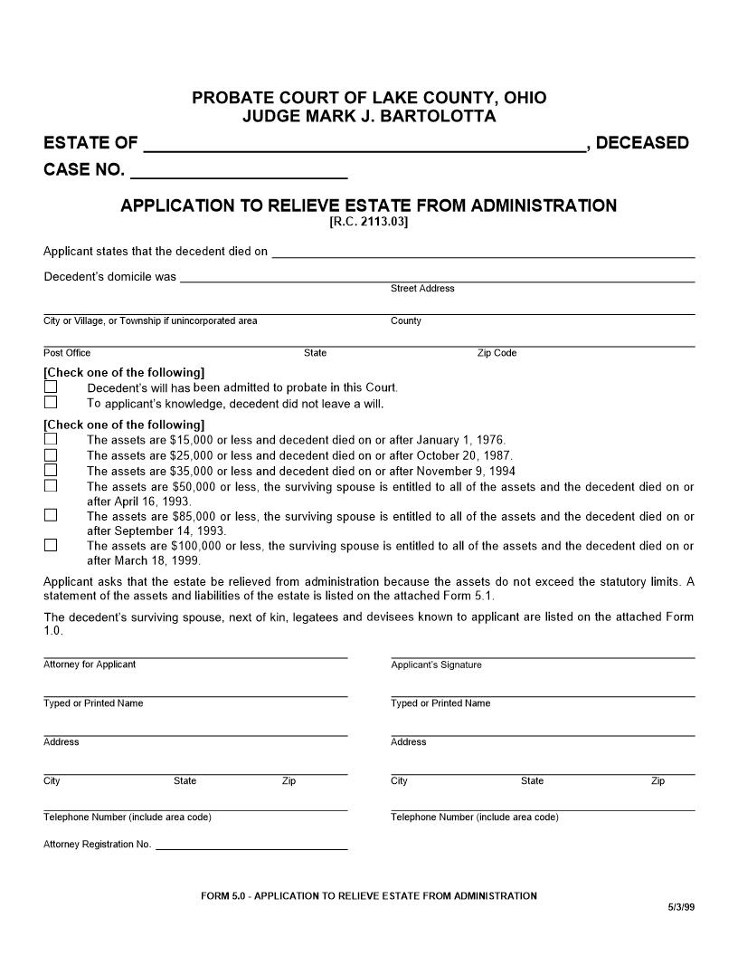 Application To Relieve Estate From Administration {5.0} | Pdf Fpdf Doc Docx | Ohio