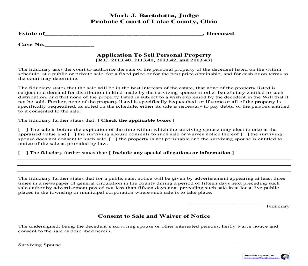 Application To Sell Personal Property | Pdf Fpdf Doc Docx | Ohio