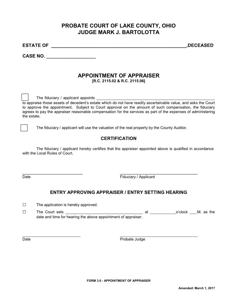 Appointment Of Appraiser {3.0} | Pdf Fpdf Doc Docx | Ohio