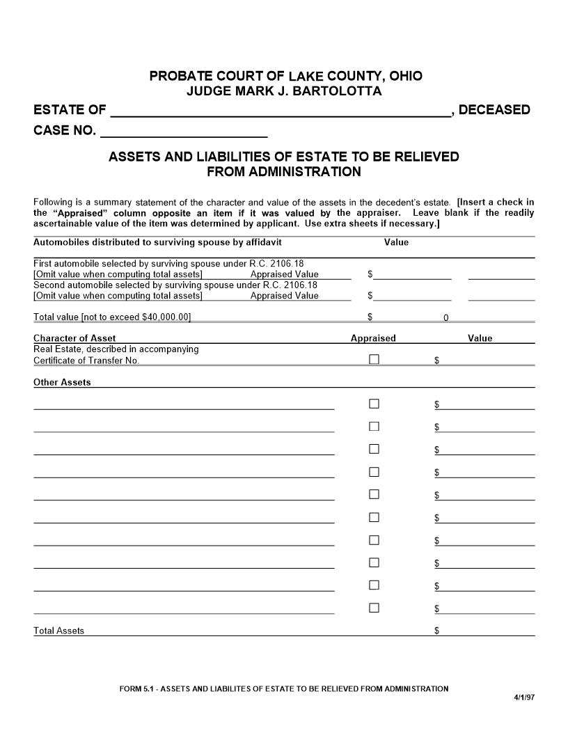 Assets And Liabilities Of Estate To Be Relieved From Administration {5.1} | Pdf Fpdf Doc Docx | Ohio