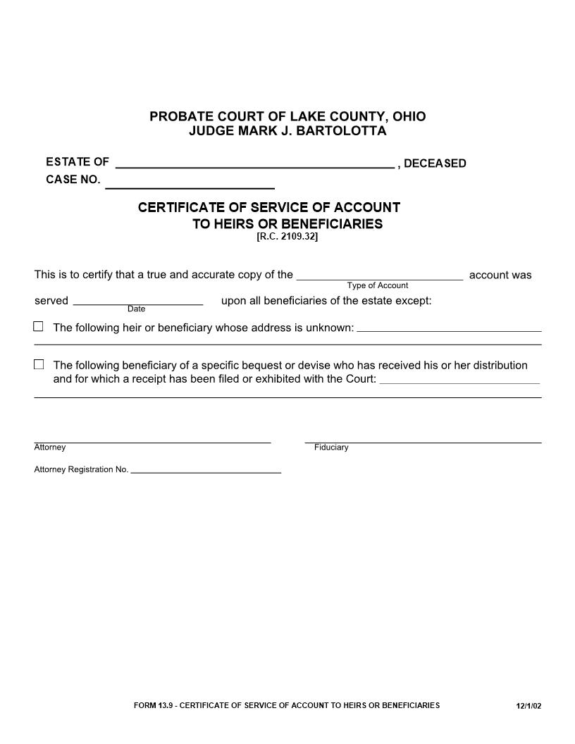 Certificate Of Service Of Account To Heirs Or Beneficiaries {13.9} | Pdf Fpdf Doc Docx | Ohio