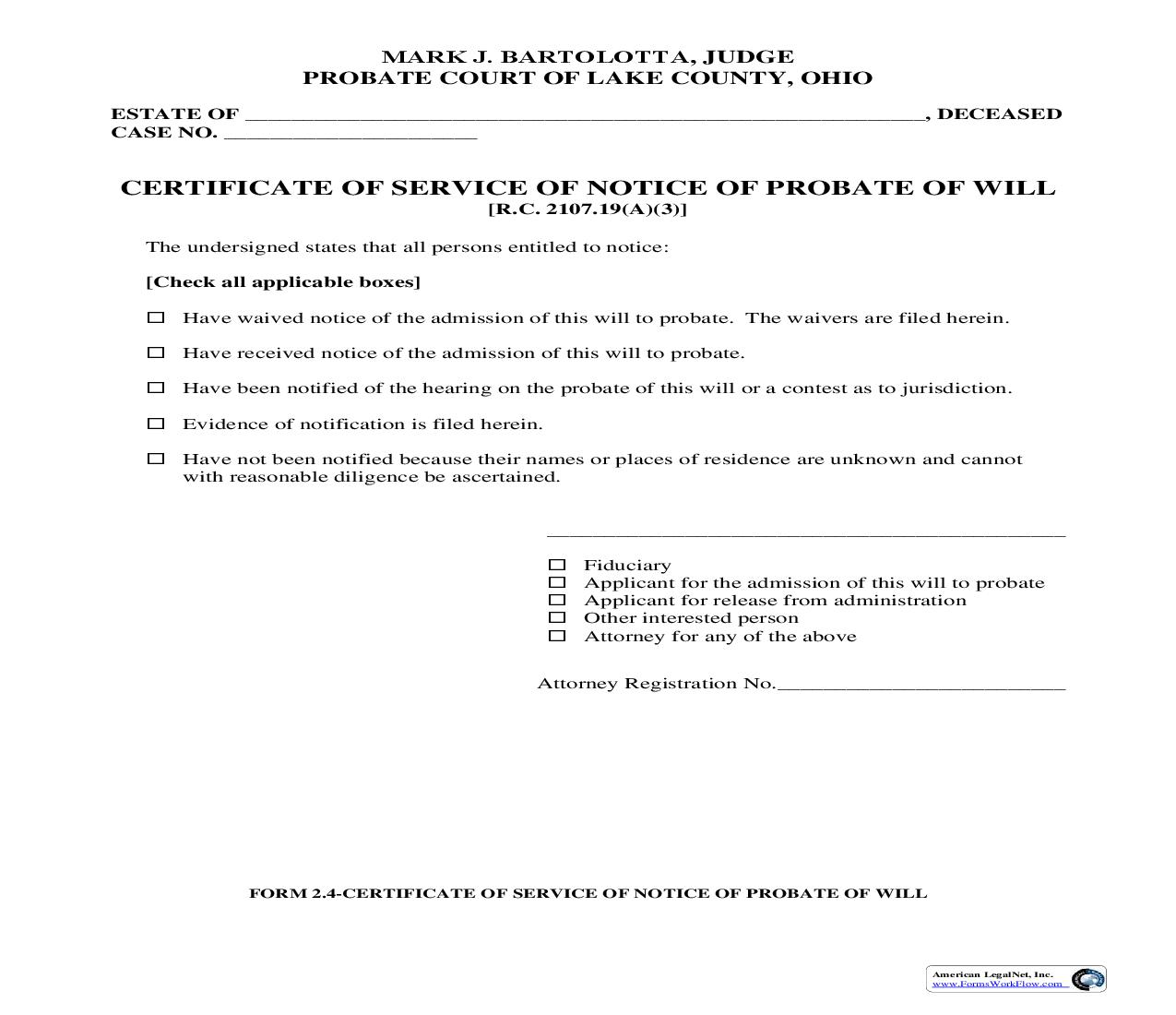 Certificate Of Service Of Notice Of Probate Of Will {2.4} | Pdf Fpdf Doc Docx | Ohio