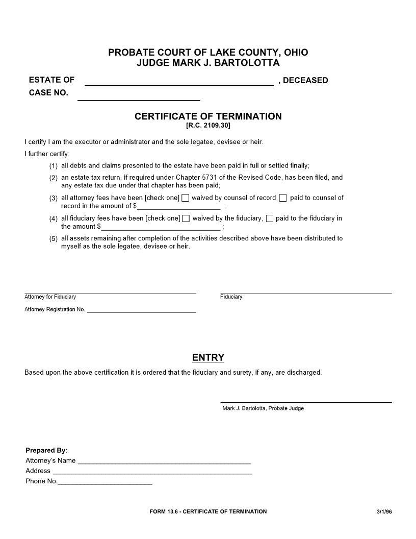Certificate Of Termination {13.6} | Pdf Fpdf Doc Docx | Ohio