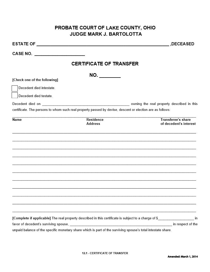 Certificate Of Transfer {12.1} | Pdf Fpdf Doc Docx | Ohio