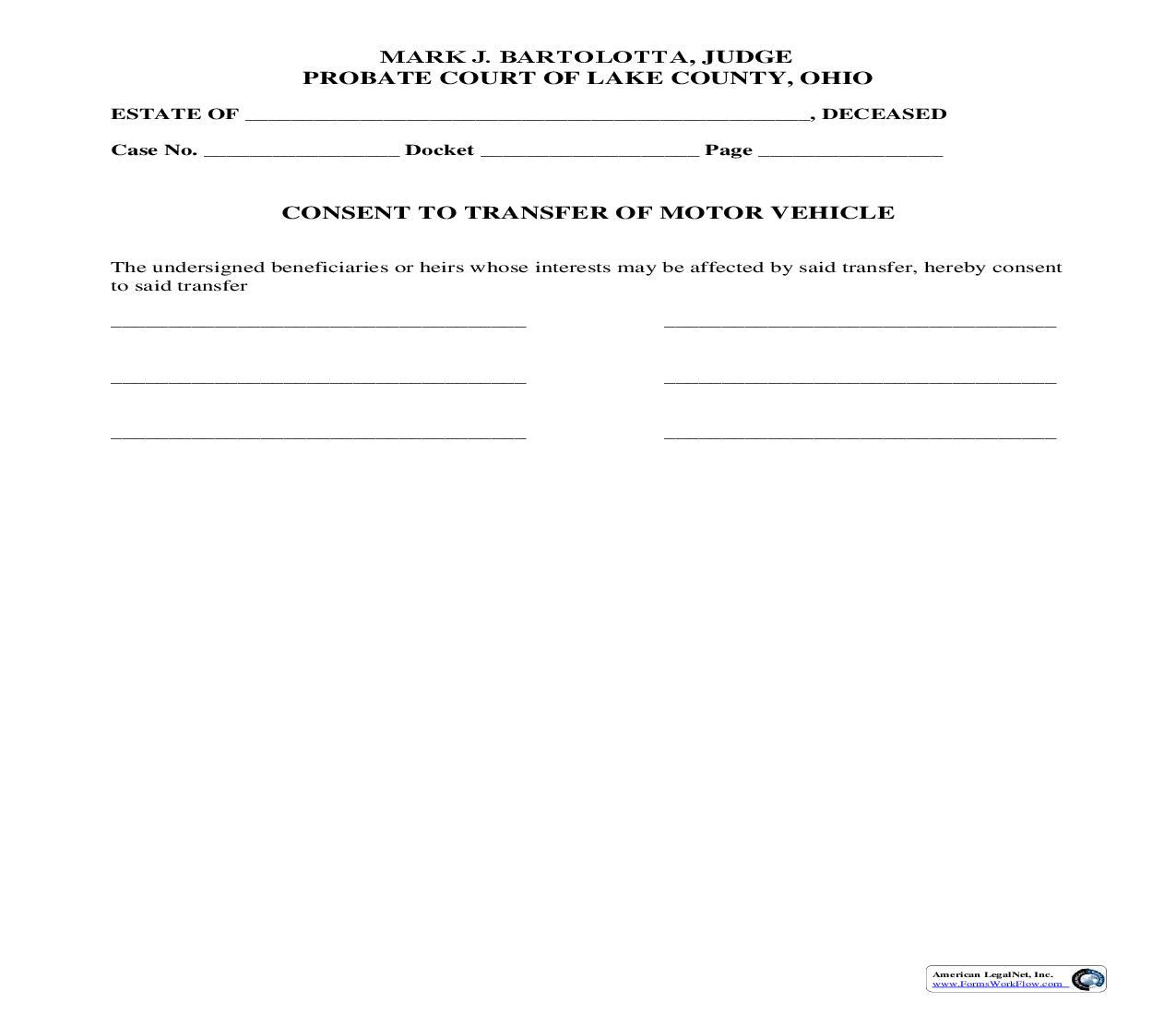 Consent To Transfer Of Motor Vehicle | Pdf Fpdf Doc Docx | Ohio