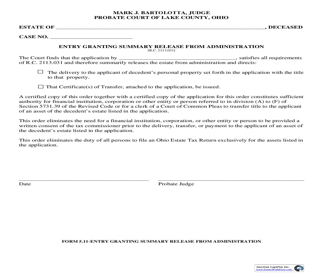 Entry Granting Summary Release From Administration {5.11} | Pdf Fpdf Doc Docx | Ohio