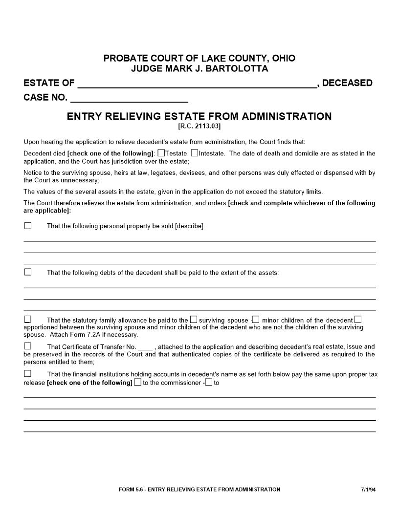 Entry Relieving Estate From Administration {5.6} | Pdf Fpdf Doc Docx | Ohio