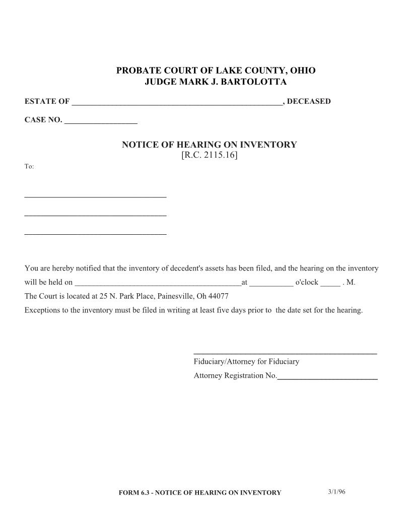 Notice Of Hearing On Inventory {6.3} | Pdf Fpdf Doc Docx | Ohio