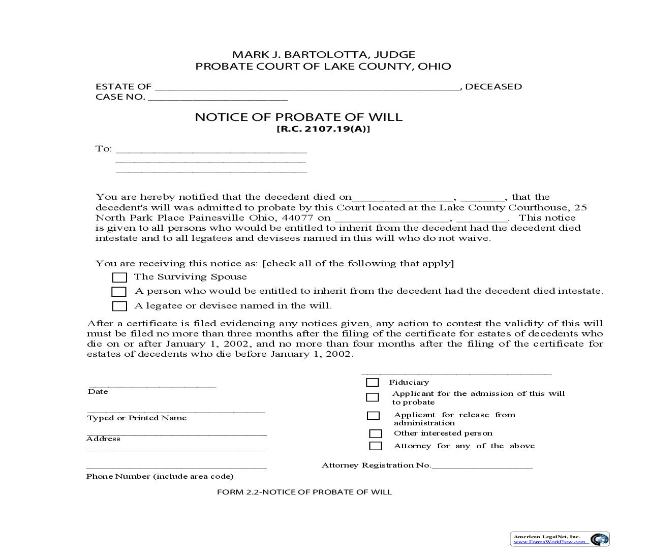 Notice Of Probate Of Will {2.2} | Pdf Fpdf Doc Docx | Ohio