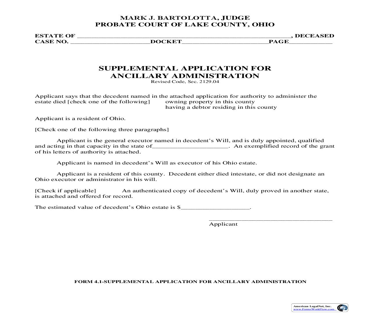 Supplemental Application For Ancillary Administration {4.1} | Pdf Fpdf Doc Docx | Ohio