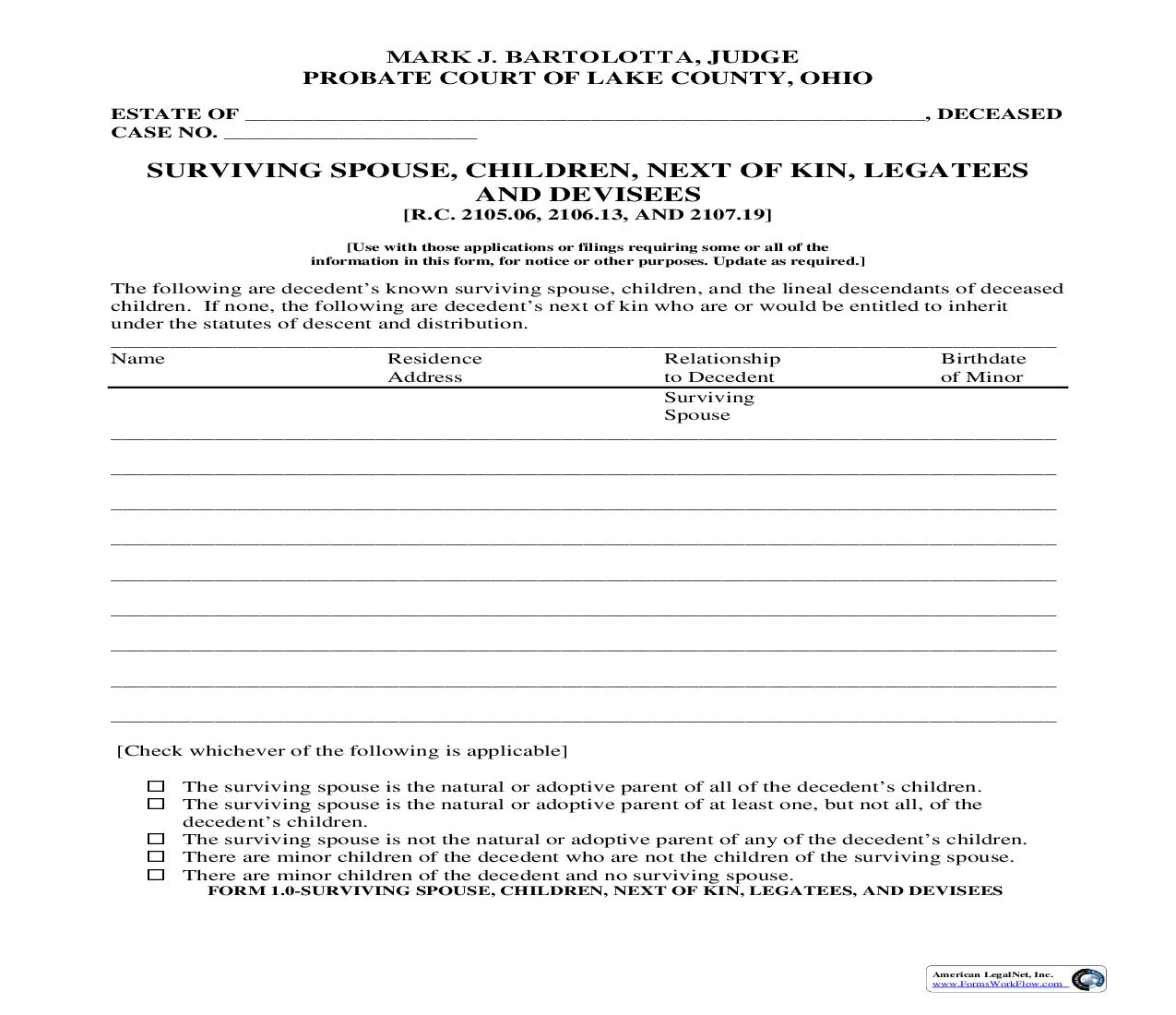 Surviving Spouse Children Next Of Kin Legatees And Devisees {1.0} | Pdf Fpdf Doc Docx | Ohio