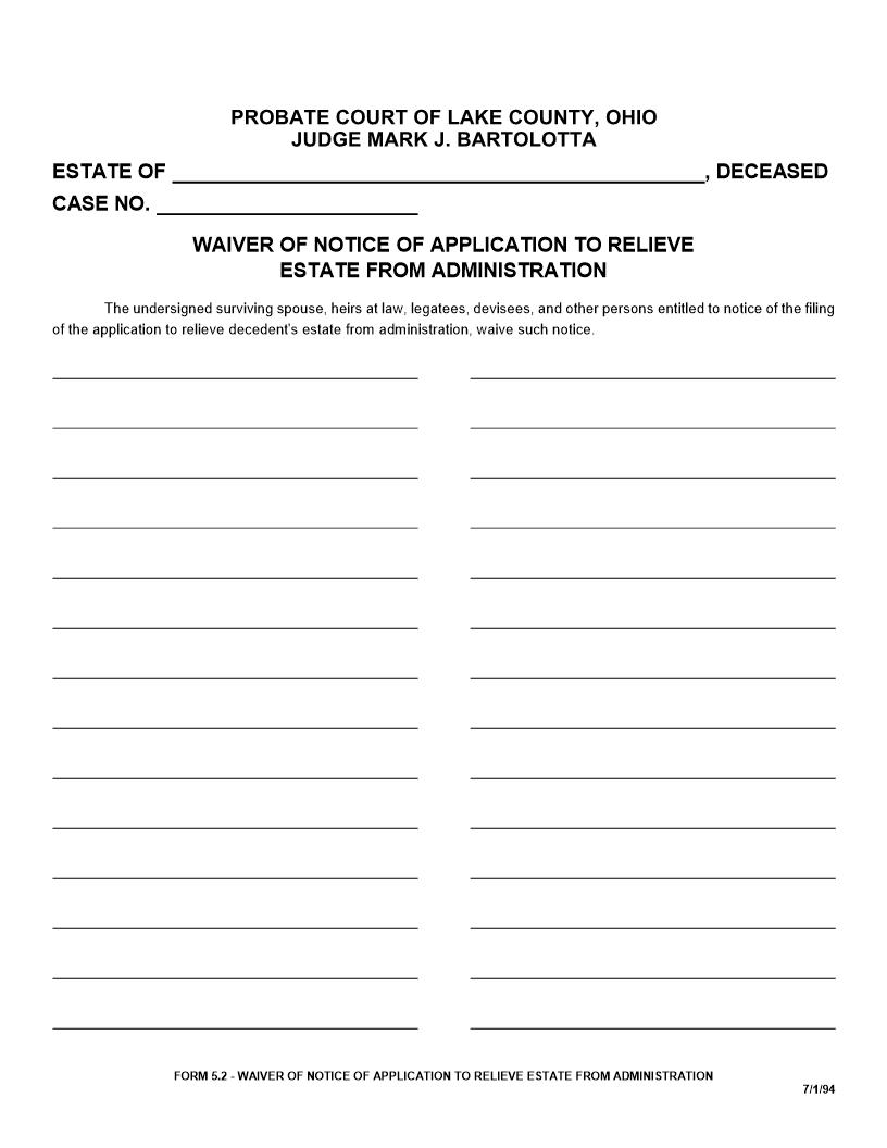 Waiver Of Notice Of Application To Relieve Estate From Administration {5.2} | Pdf Fpdf Doc Docx | Ohio