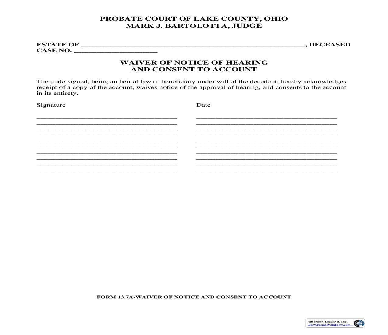 Waiver Of Notice Of Hearing And Consent To Account {13.7} | Pdf Fpdf Doc Docx | Ohio