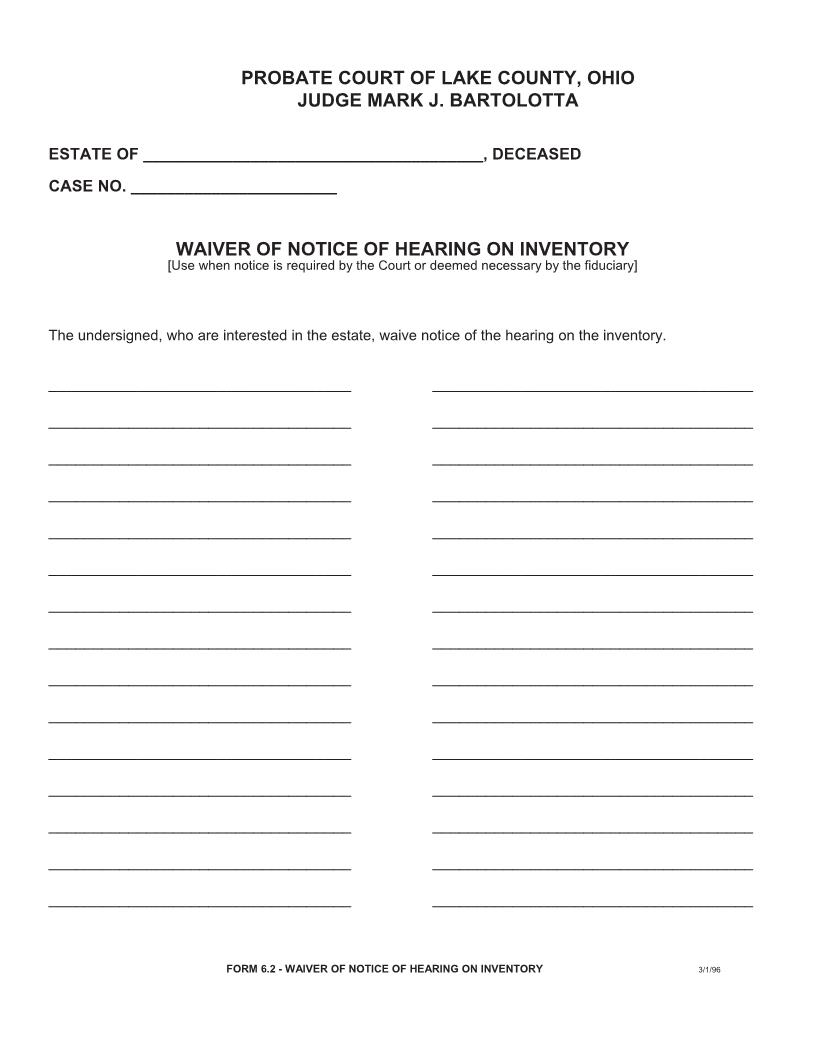 Waiver Of Notice Of Hearing On Inventory {6.2} | Pdf Fpdf Doc Docx | Ohio