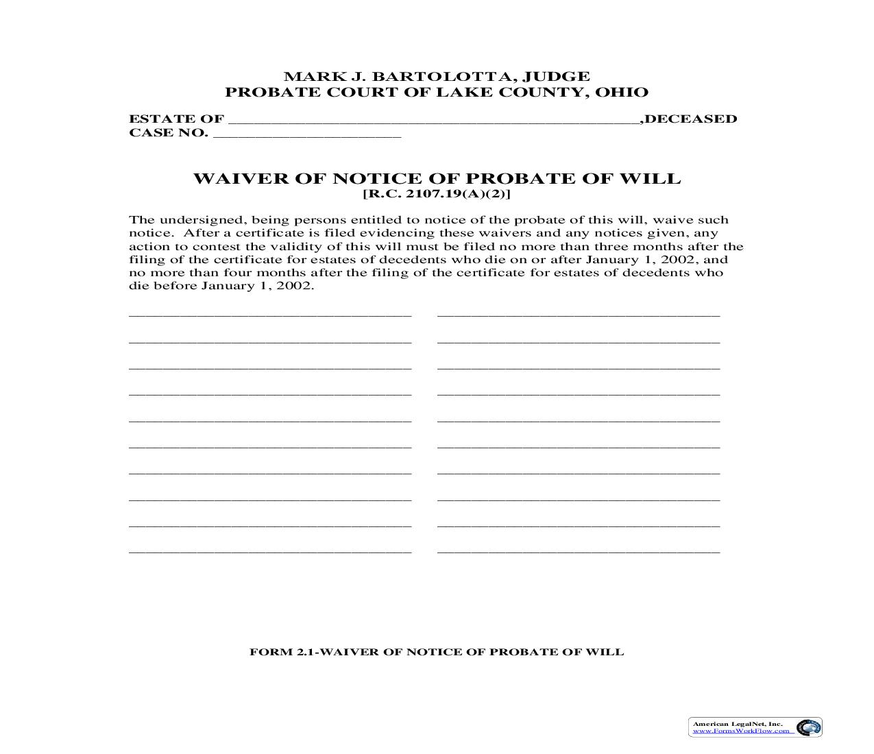 Waiver Of Notice Of Probate Of Will {2.1} | Pdf Fpdf Doc Docx | Ohio