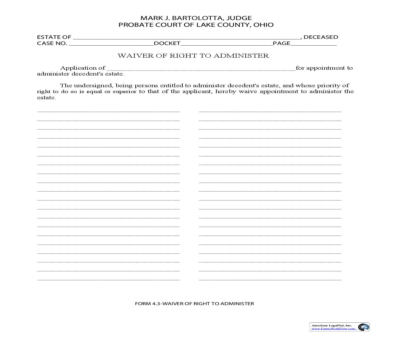 Waiver Of Right To Administer {4.3} | Pdf Fpdf Doc Docx | Ohio